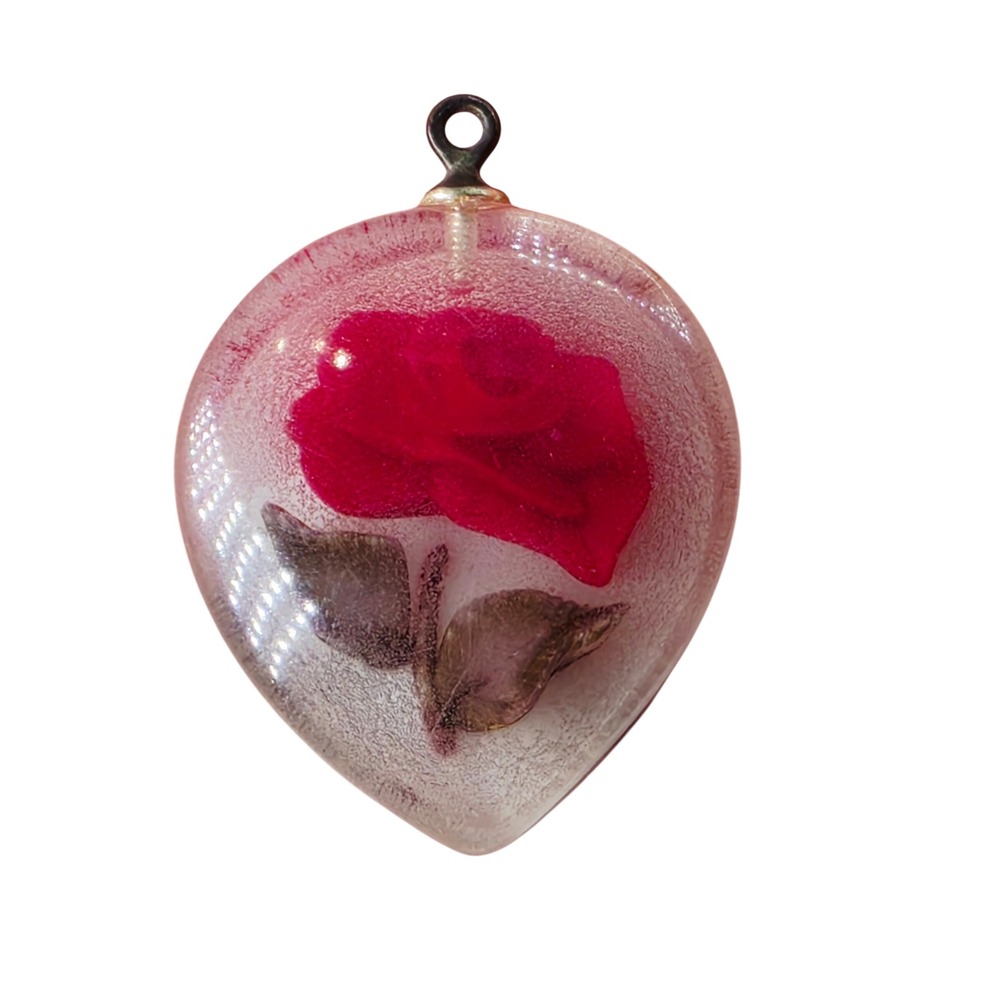 Vintage Red Rose Resin Teardrop Pendant White Milk Glass Backing Charm